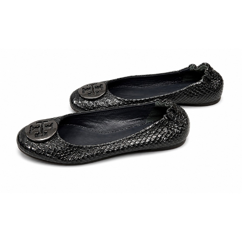 Tory Burch Reva Ballet Flats sz 8M Black Snake Embossed Leather Good‎ Condition